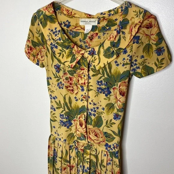 Vintage Y2K Donna Ricci Floral Midi Dress With Bow Tie Back & Pleated Skirt M - Picture 5 of 14